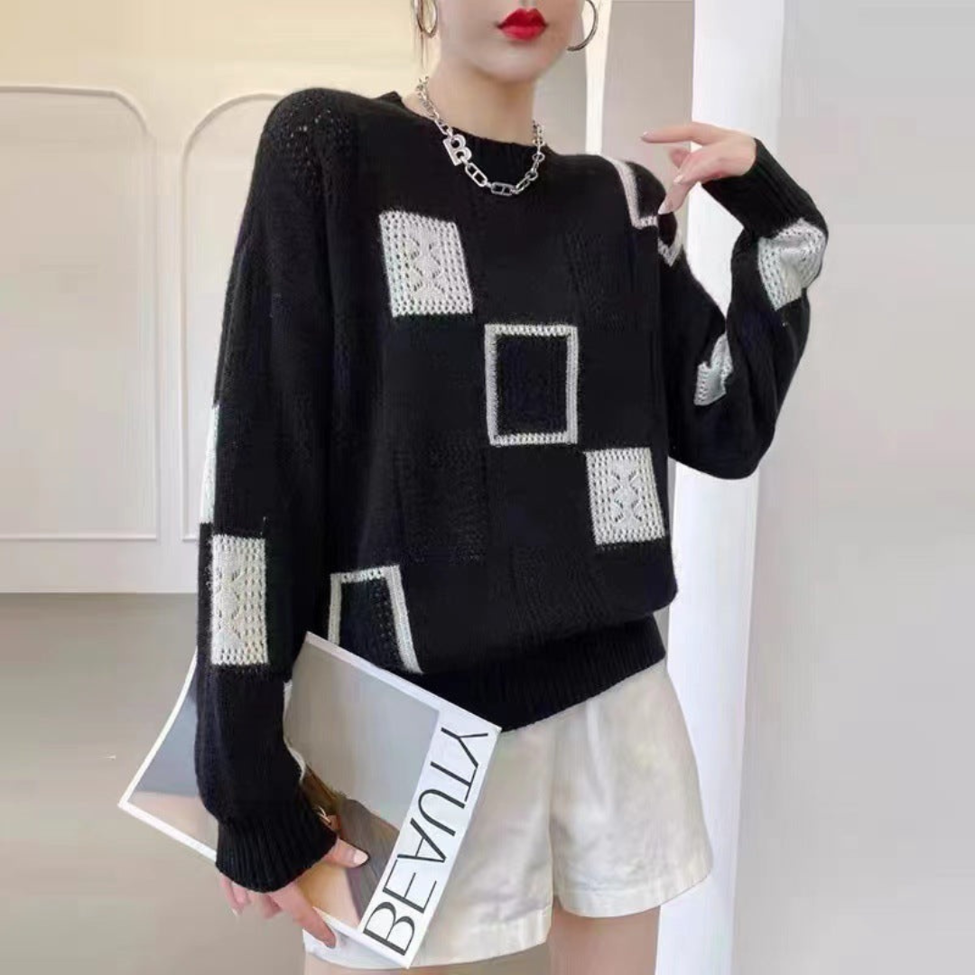 Greta | Dames Winter Trui | Warme Geruite Gebreide Trui Met Ronde Hals Voor Herfst en Winter