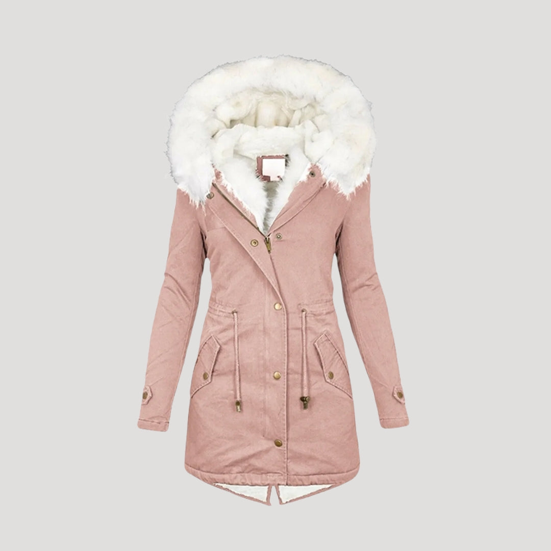 Katinka | Dames Winter Jas | Warme Winterparka Met Bont-Capuchon, Fleecevoering, Rits en Ceintuur