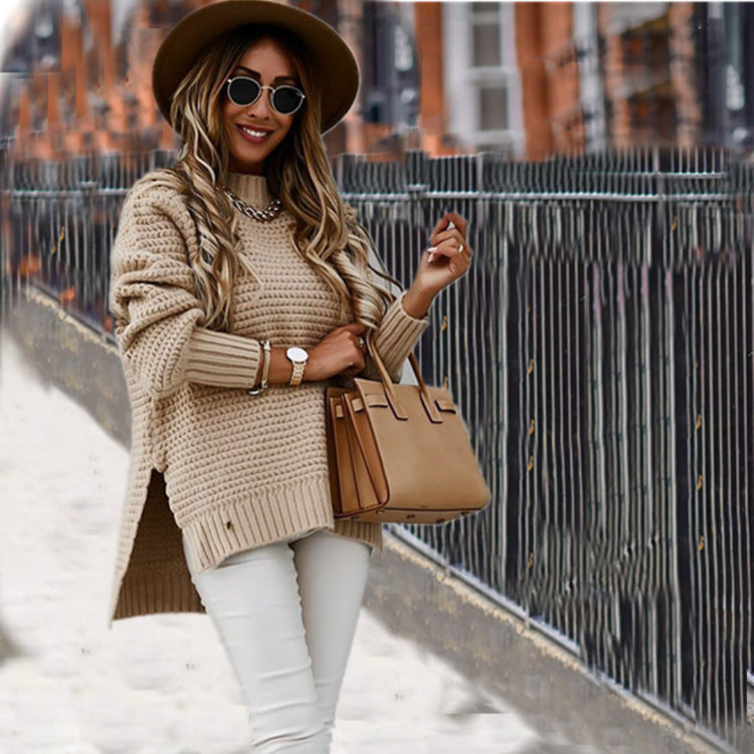 Lieneke | Dames Gebreide Trui | Lange Mouwen Effen Pullover Met Split Aan De Zijkant