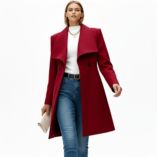 Cory | Dames Lange Wollen Jas | Mantel Met Reverskraag En Knopen Voor Winter