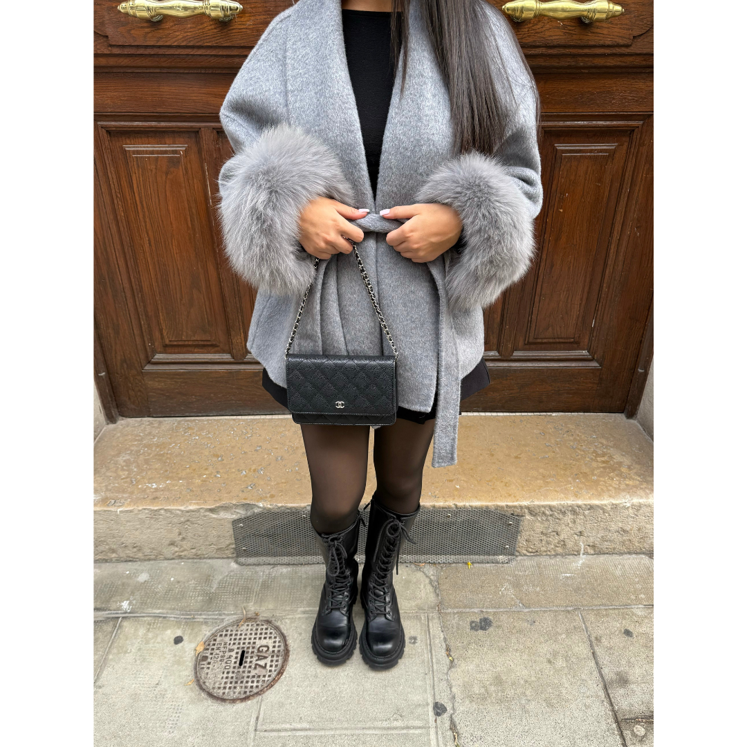 Lucy | Dames Korte Jas | Dubbelzijdige Wollen Jas met Bont en Afneembare Ceintuur