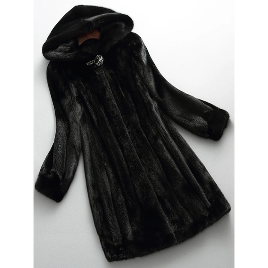 Jessica | Dames Lange Winter Jas | Zwarte Bontjas met Capuchon en Warme Voering