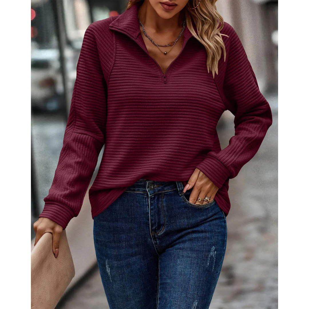 Paula | Dames Halve Rits Trui | Gestreept Patroon met Lange Mouwen voor Herfst/Winter