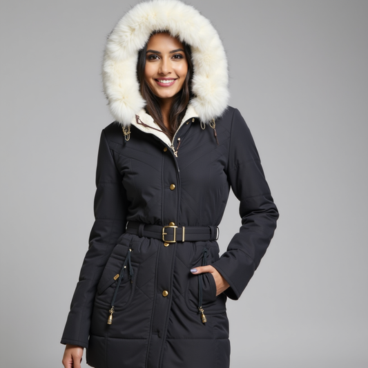 Katinka | Dames Winter Jas | Warme Winterparka Met Bont-Capuchon, Fleecevoering, Rits en Ceintuur