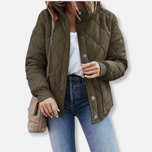Karolina | Dames Gewatteerde Jas | Puffer Jas Met Knoopsluiting Opstaande Kraag En Zak Voor Herfst