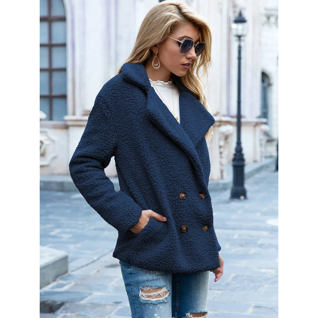 Milou | Dames Teddy Jas Blazer | Korte Warme Dubbelgeknoopte Jas Met Reverskraag