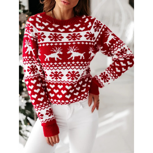 Natasja | Dames Kerst Trui | Gebreid met Kerstprint en Ronde Hals met Lange Mouw