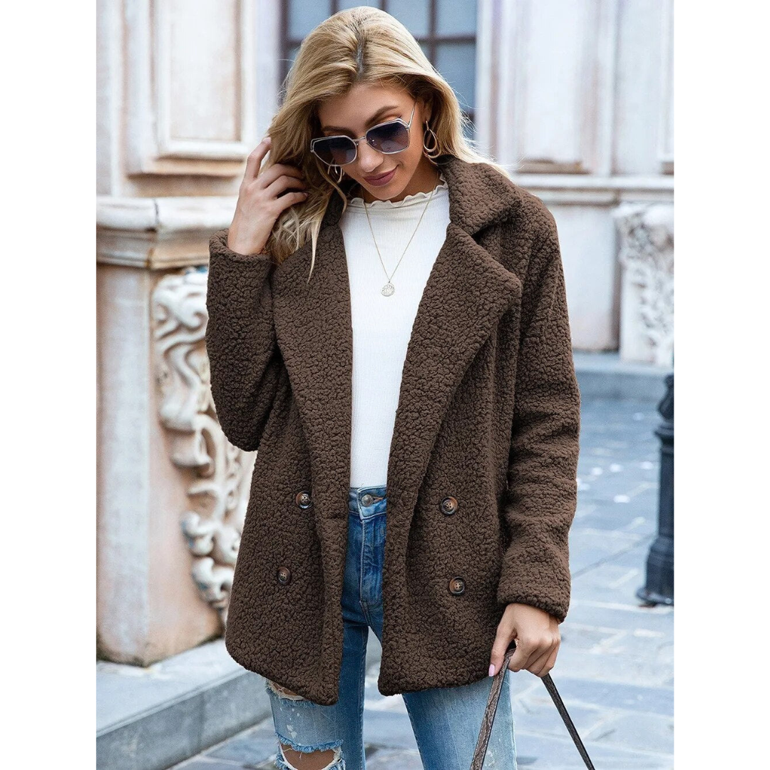 Milou | Dames Teddy Jas Blazer | Korte Warme Dubbelgeknoopte Jas Met Reverskraag