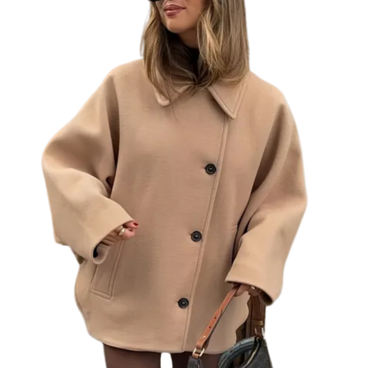 Febe | Dames Oversized Wollen Jas Met Knopen | Korte Trenchcoat