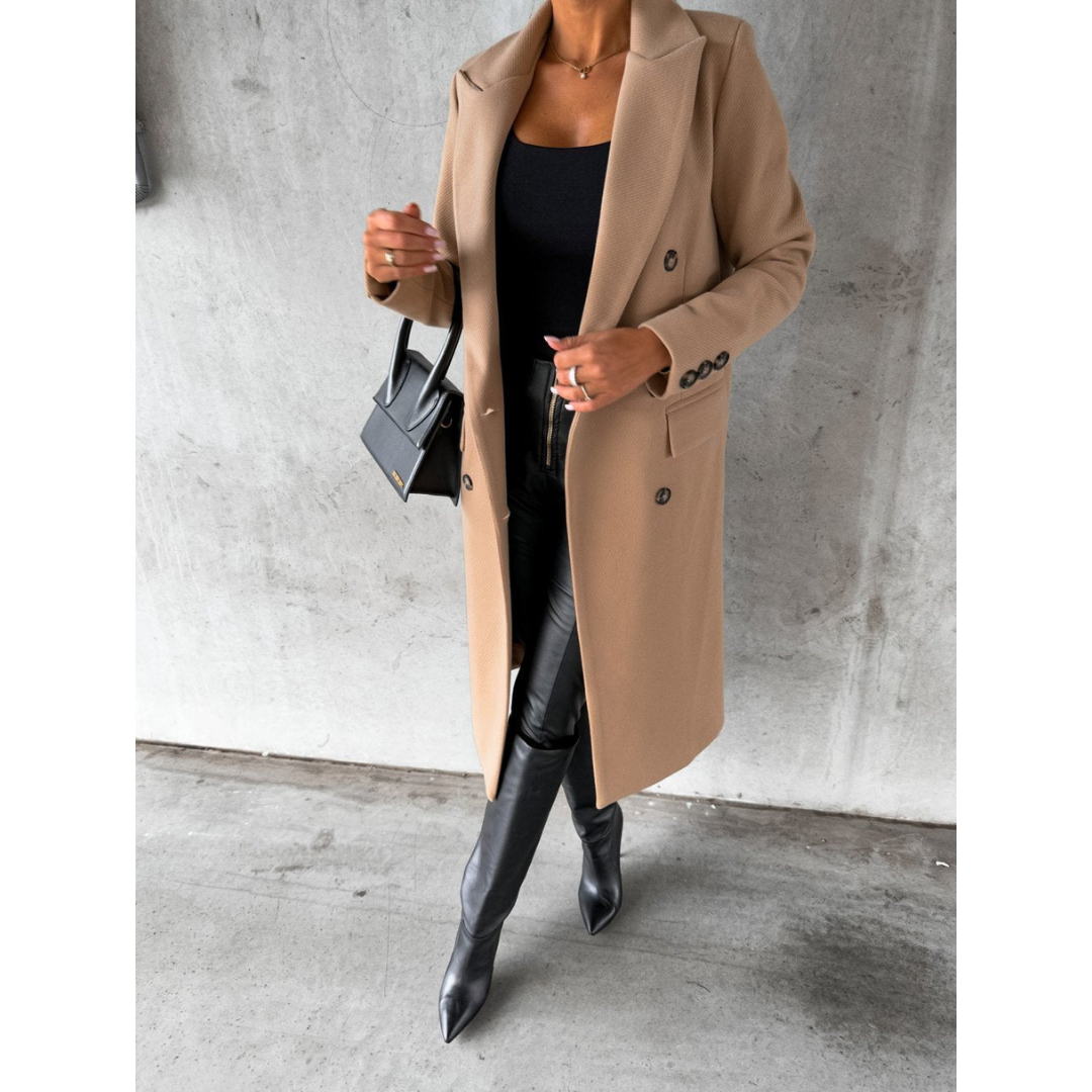 Jolien | Dames Lange Wollen Jas Met Knoopsluiting | Warme Trenchcoat
