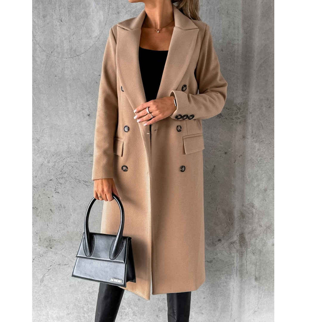 Jolien | Dames Lange Wollen Jas Met Knoopsluiting | Warme Trenchcoat