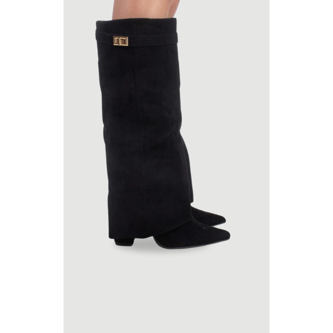 Sarah | Dames Laarzen van Suède Met Flaire Pasvorm En Gouden Details | Hoge Hak en Ritssluiting