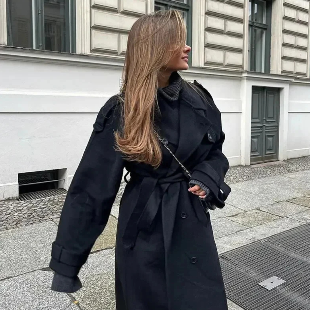 Evi | Lange Dames Winter Jas Met Revers En Ceintuur