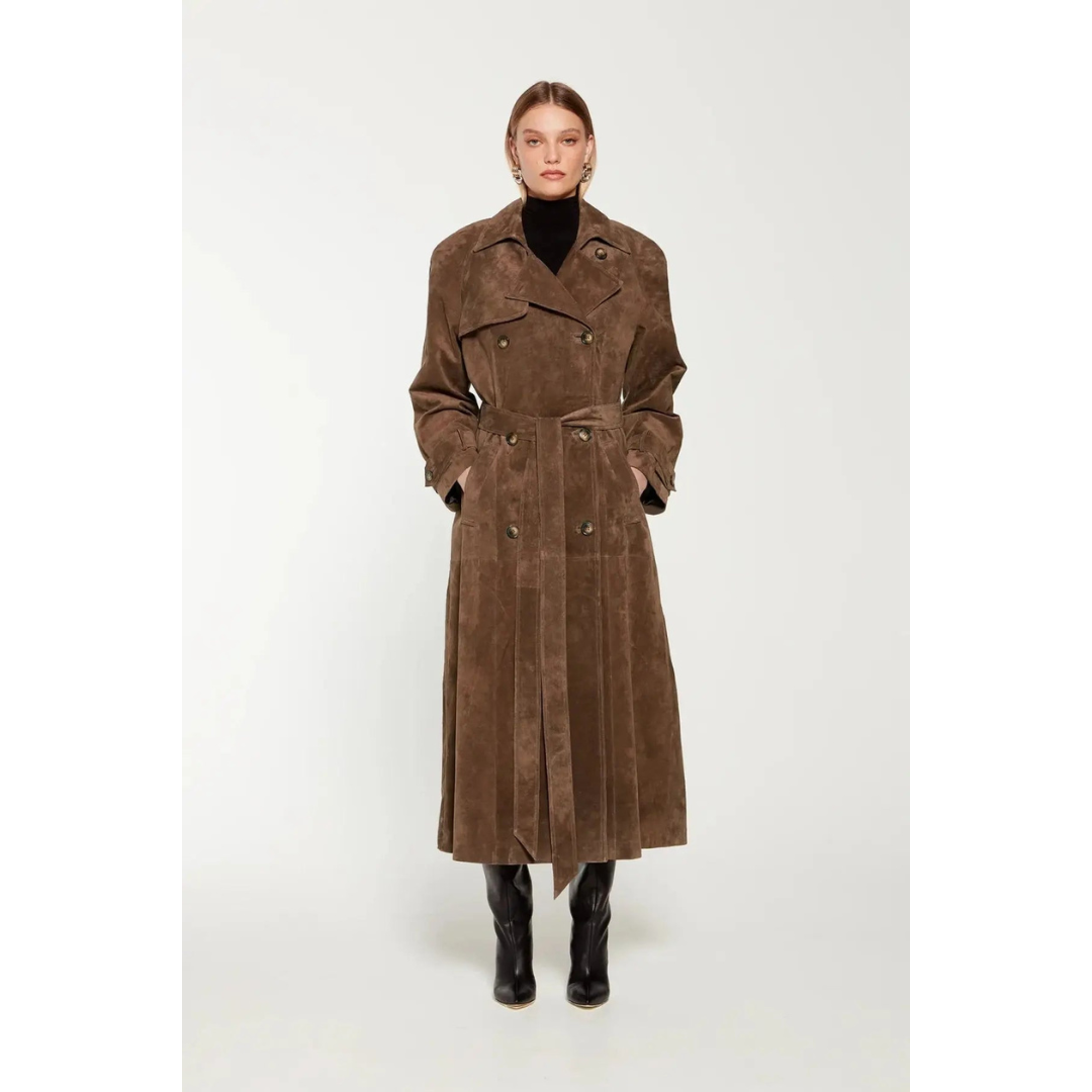 Emma | Dames Lange Suède Trenchcoat Met Riem | Dubbelgeknoopte Jas Met Knoopsluiting