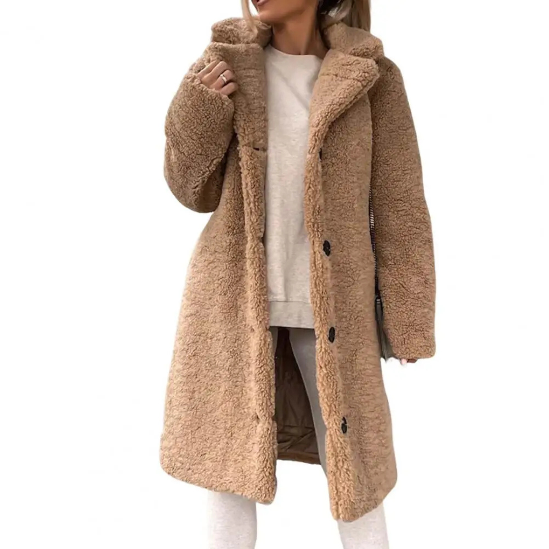 Lysa | Dames Lange Teddy Jas Met Reverskraag | Zachte Fleece Winterjas voor Ultieme Warmte