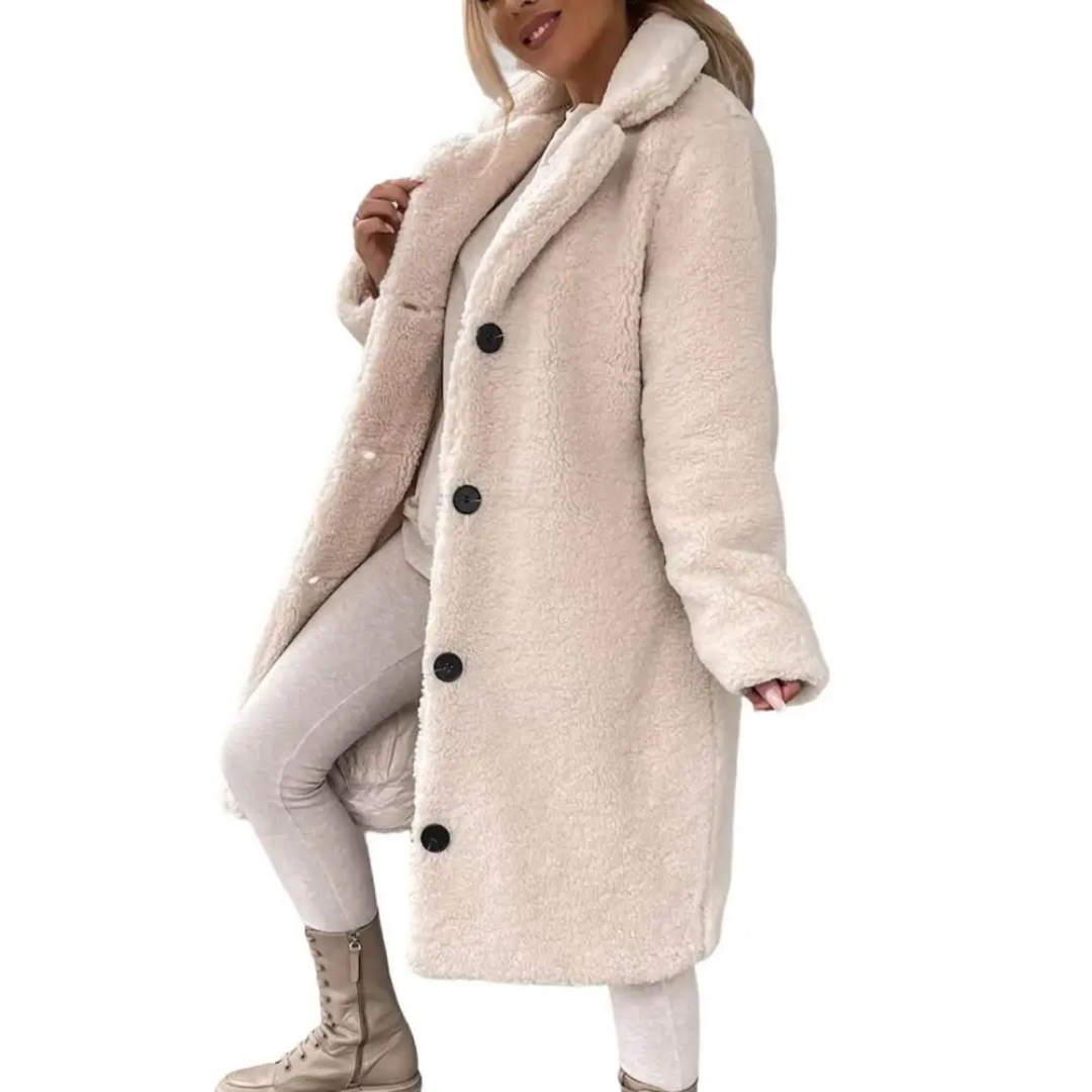 Lysa | Dames Lange Teddy Jas Met Reverskraag | Zachte Fleece Winterjas voor Ultieme Warmte
