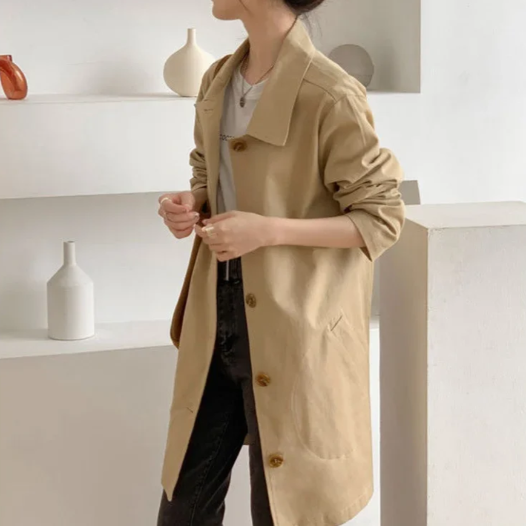 Denise | Dames Lange Trenchcoat | Losse Pasvorm met Revers en Ceintuur