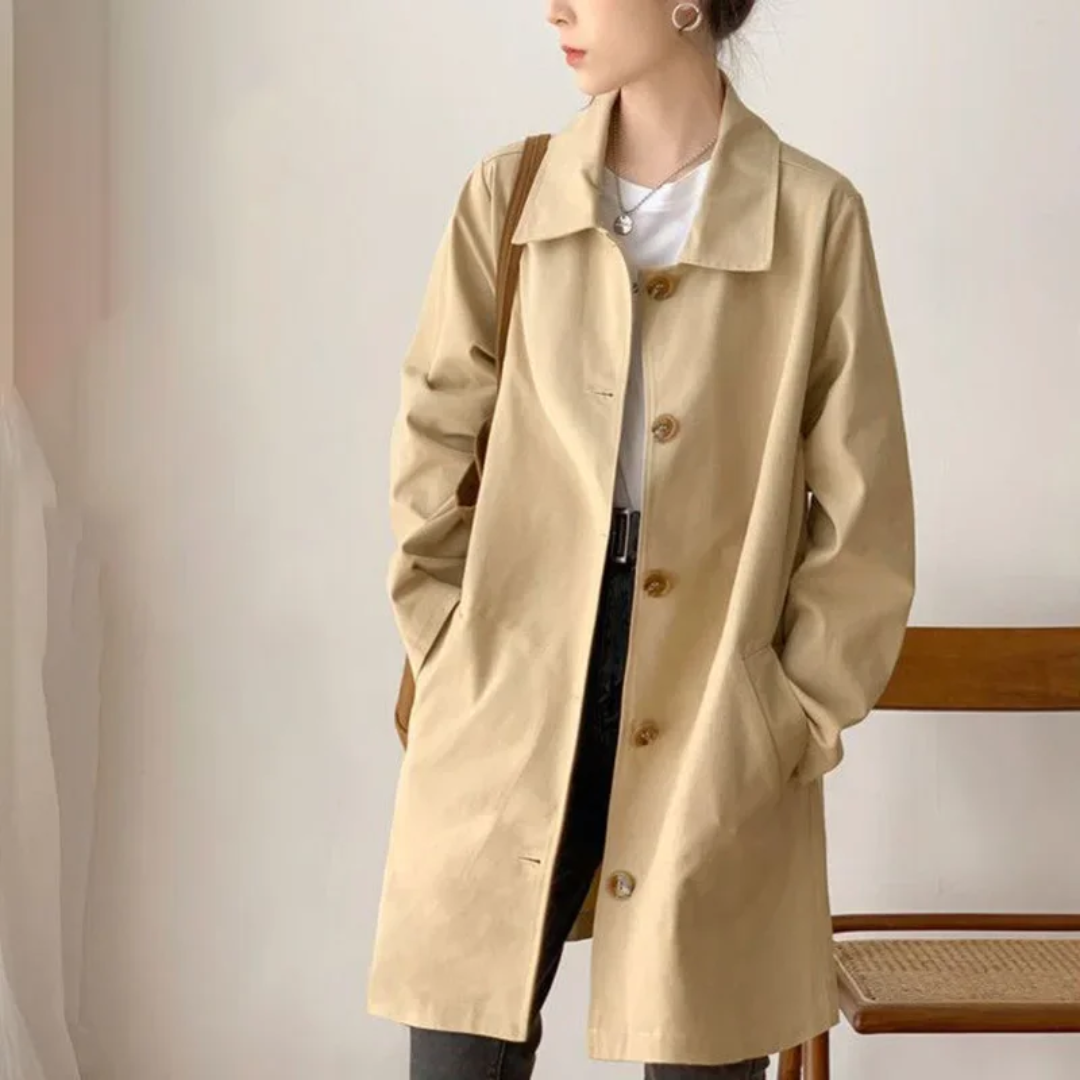 Denise | Dames Lange Trenchcoat | Losse Pasvorm met Revers en Ceintuur