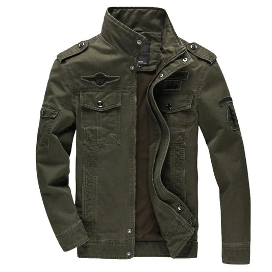 Youri | Heren Militaire Jas Met Opstaande Kraag | Cargo Jas Met Patches Biker Jack
