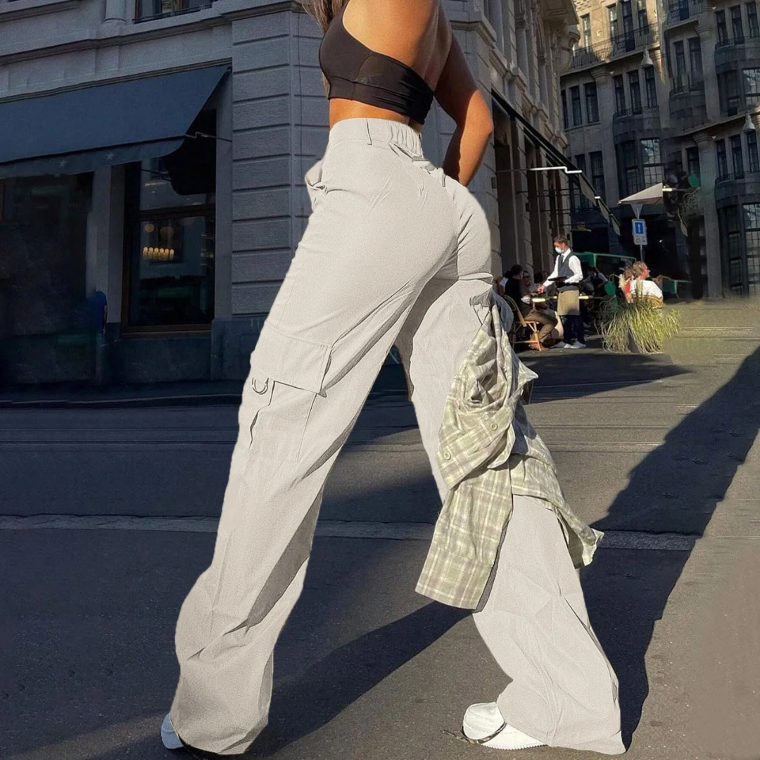 Margriet | Hoge Taille Cargo Broek voor Dames Baggy Wijde Pijpen met Zakken