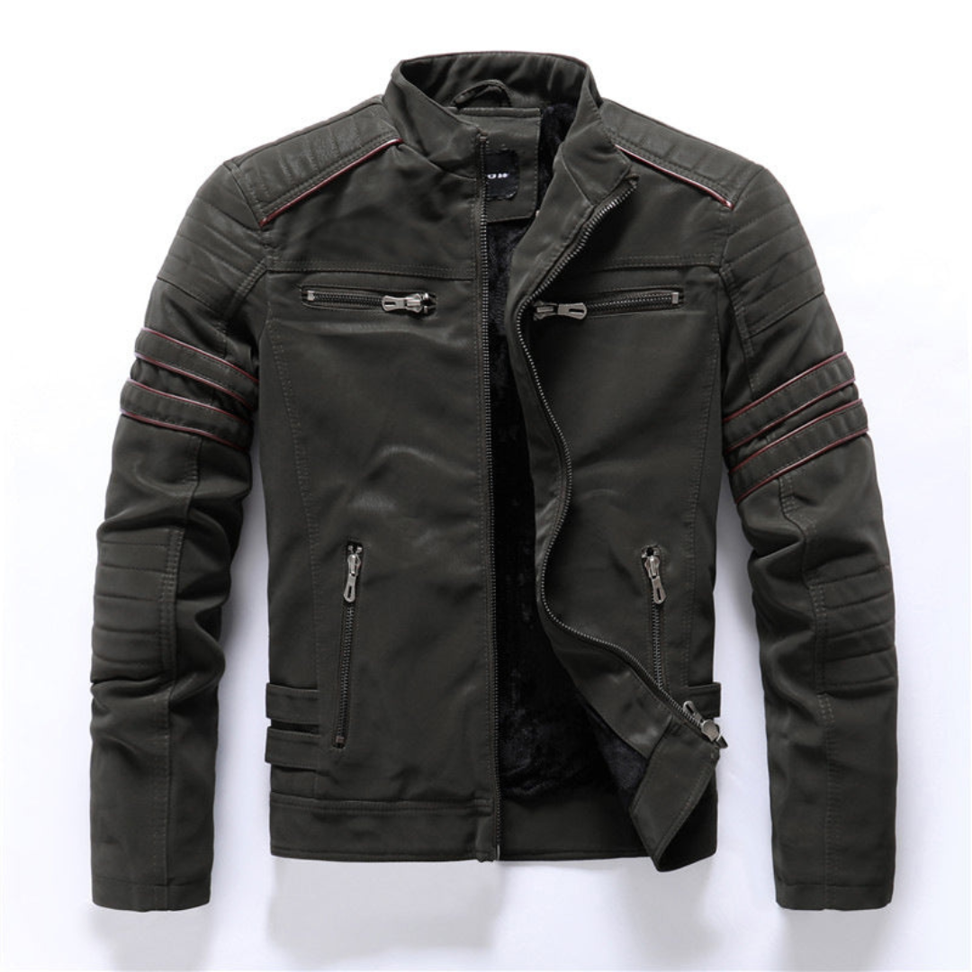 Henk | Winter Fleece Leren Jas voor Heren | Staande Kraag Gewassen Retro Motorjas