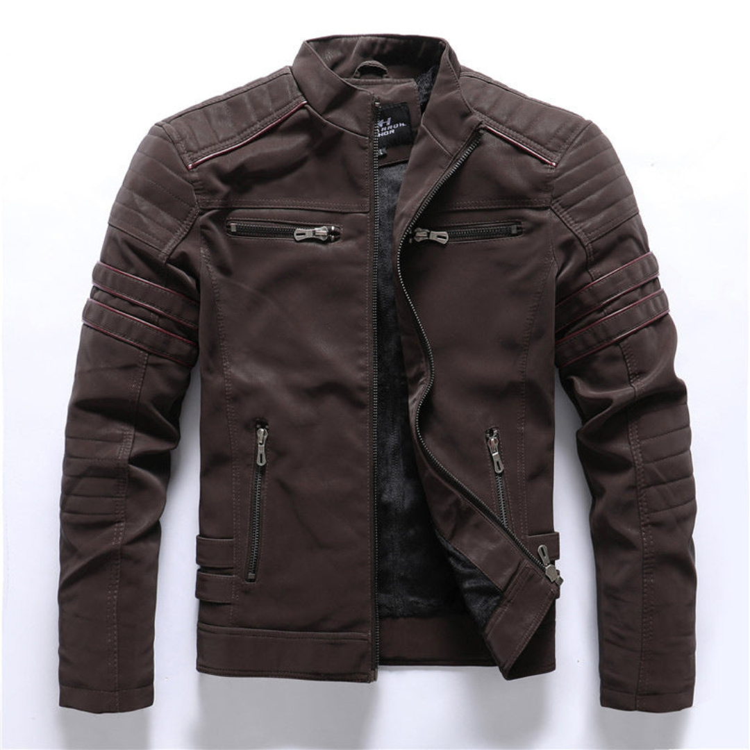 Henk | Winter Fleece Leren Jas voor Heren | Staande Kraag Gewassen Retro Motorjas