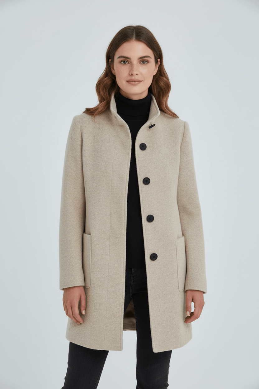 Mayke | Dames Lange Jas | Trenchcoat Met Enkelrij Knopen en Staande Kraag Voor Werk en Casual Gebruik